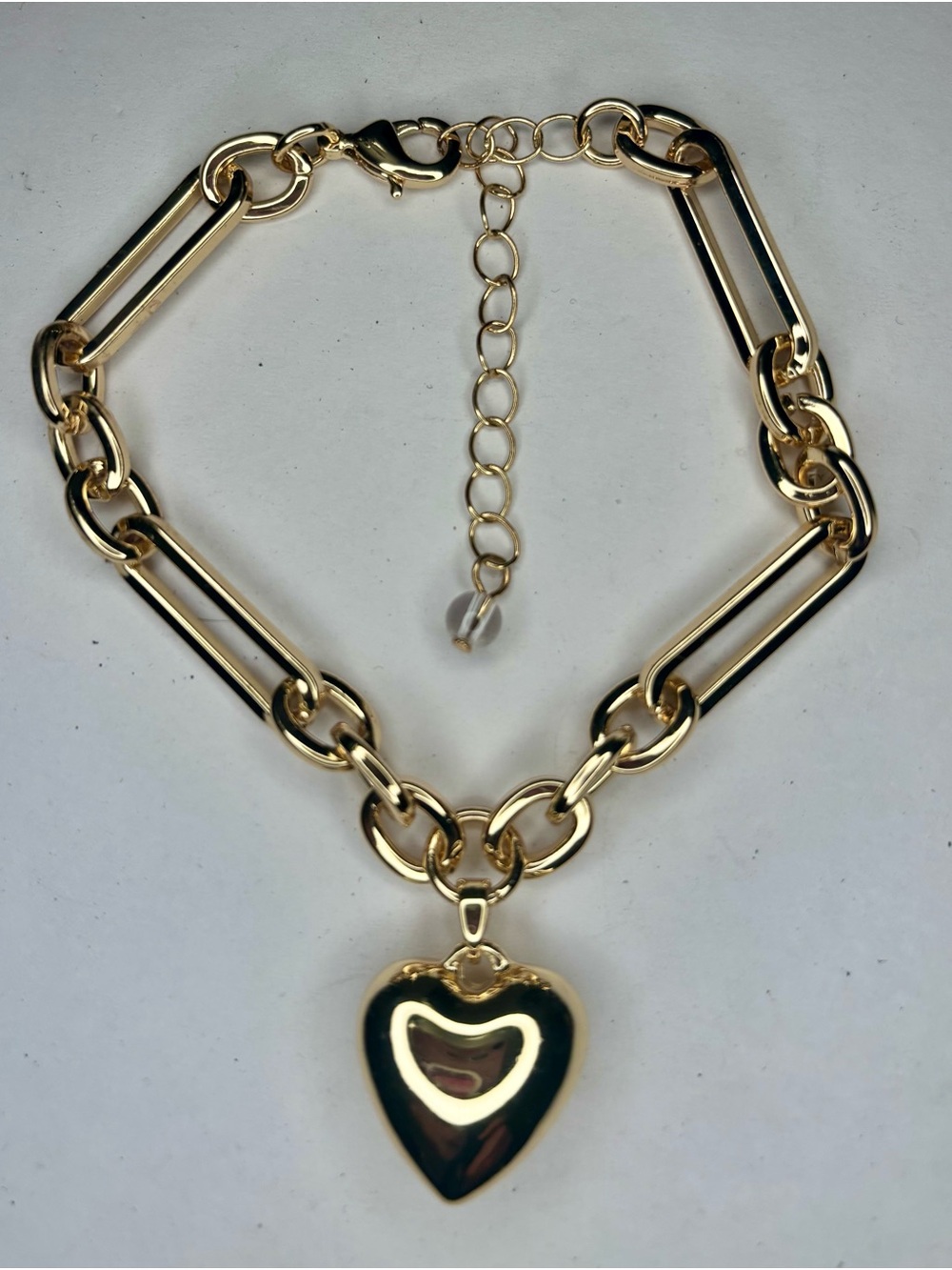 Puffy Heart Paper Clip Chain Charm Bracelet Gold Tone